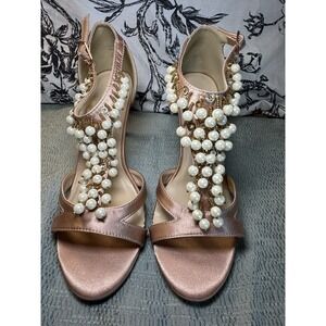 NIB Vintage Midnight Velvet Pink Satin Pearls Ankle Strap Heels Size 6